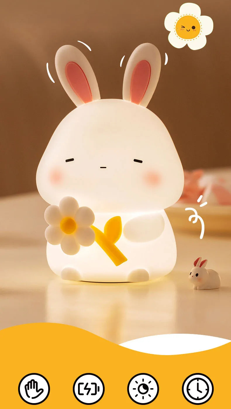 Cute Rabbit Silicone LED Night Light For Kids Children USB Rechargeable Cartoon Animal Bedroom Touch Night Lamp Dropshipping
