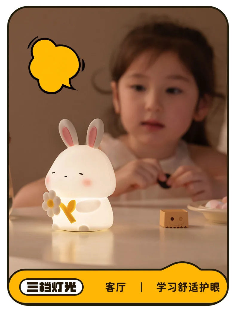 Cute Rabbit Silicone LED Night Light For Kids Children USB Rechargeable Cartoon Animal Bedroom Touch Night Lamp Dropshipping