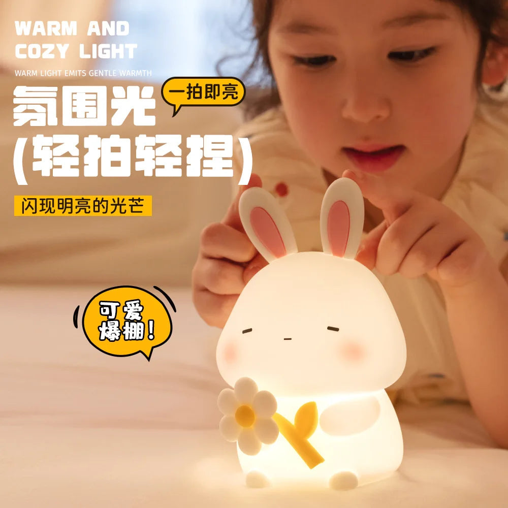 Cute Rabbit Silicone LED Night Light For Kids Children USB Rechargeable Cartoon Animal Bedroom Touch Night Lamp Dropshipping