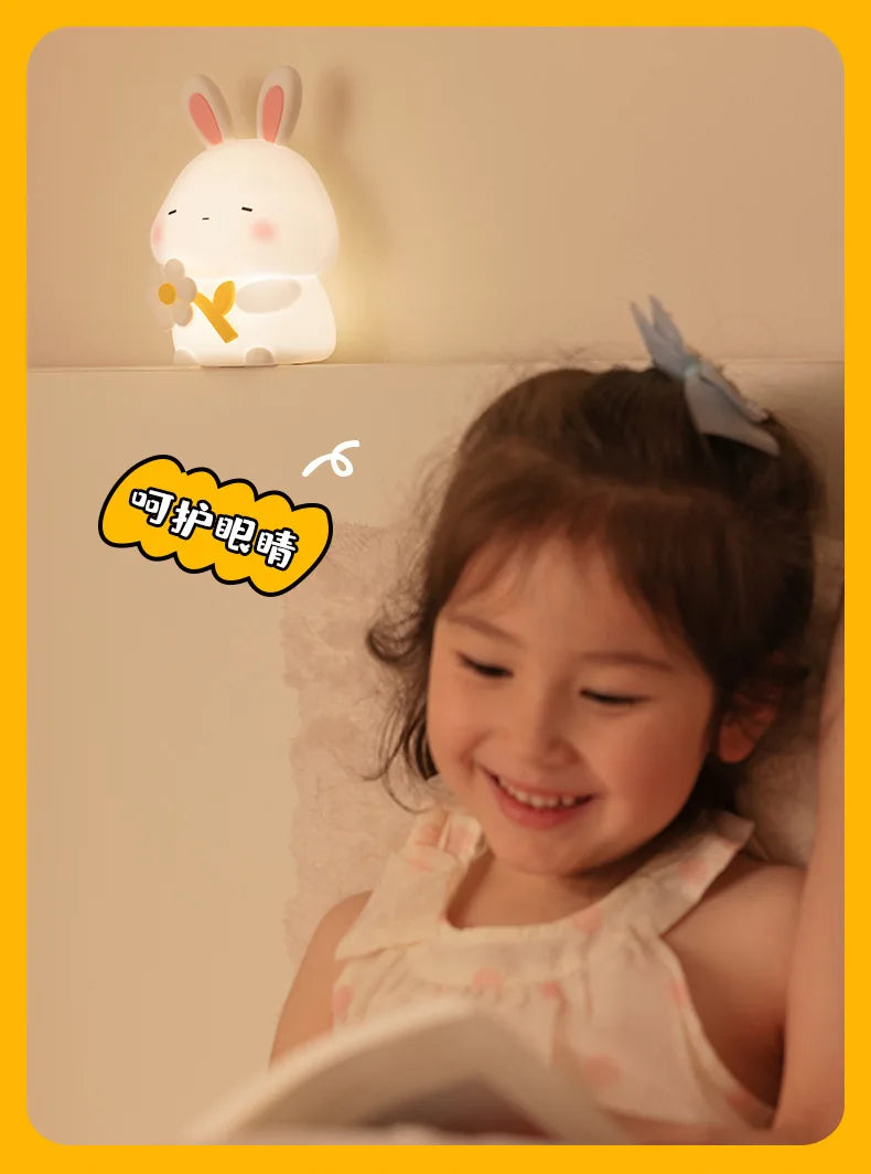 Cute Rabbit Silicone LED Night Light For Kids Children USB Rechargeable Cartoon Animal Bedroom Touch Night Lamp Dropshipping